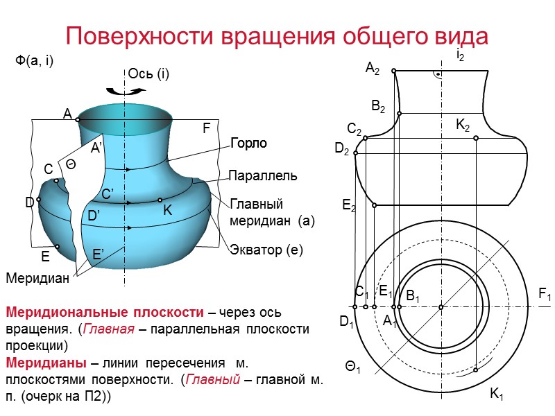 F1 Θ1 Меридиональные плоскости – через ось вращения. (Главная – параллельная плоскости проекции) Меридианы
